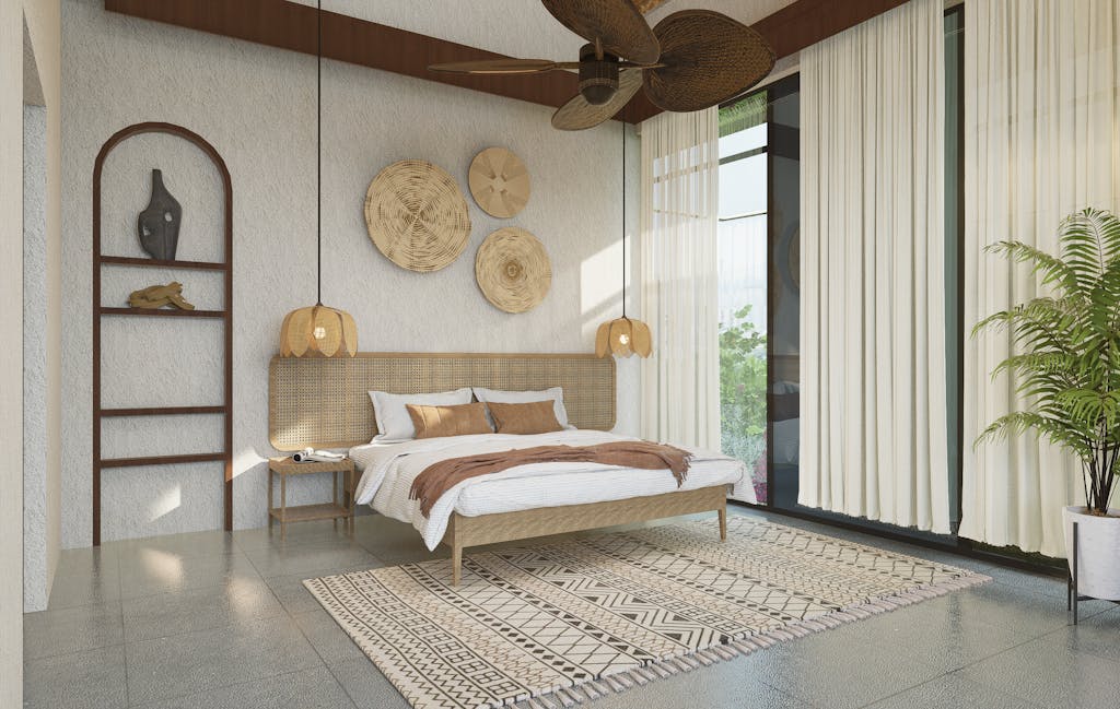 Modern bedroom design featuring natural elements, perfect for minimalistic decor inspiration.