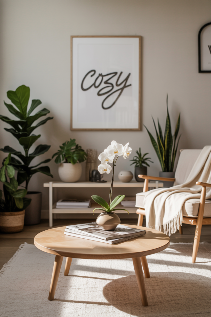 Small living room with neutral beige and white tones, Scandinavian minimalist decor, wooden coffee table, and indoor plants