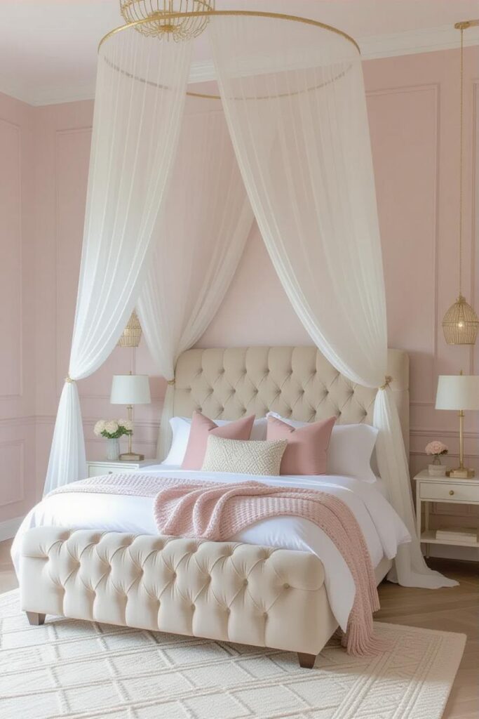 Small bedroom decorated with light colors and smart storage