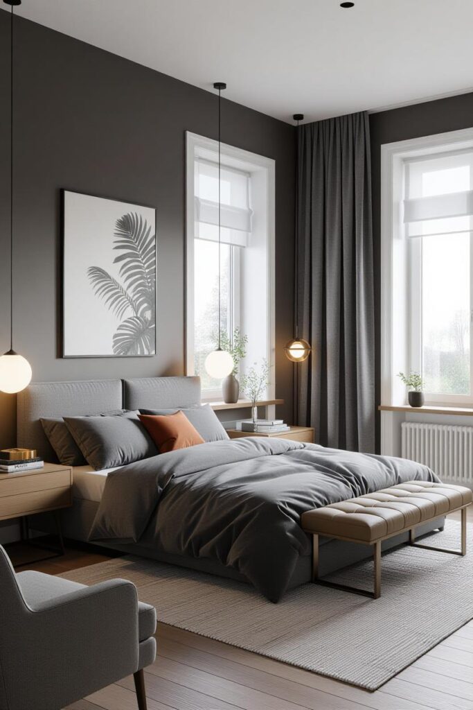 Cozy farmhouse bedroom with rustic wooden furniture