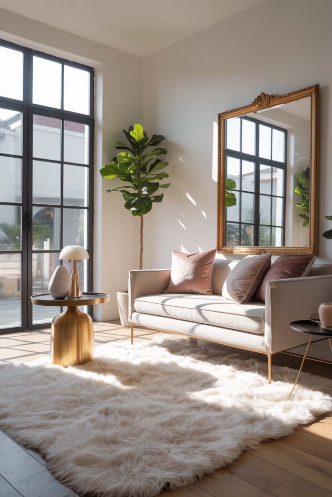 Compact apartment living room with multifunctional sofa, wall-mounted shelves, and space-saving furniture in modern style