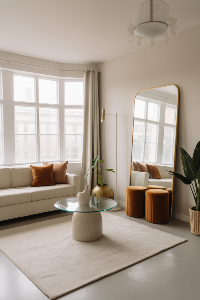 Compact apartment living room with multifunctional sofa, wall-mounted shelves, and space-saving furniture in modern style