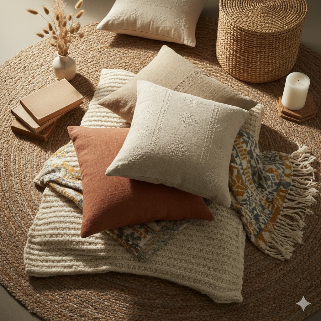 A cozy modern living room with neutral tones, wooden furniture, indoor plants, and soft lighting — perfect inspiration for warm and elegant home decor