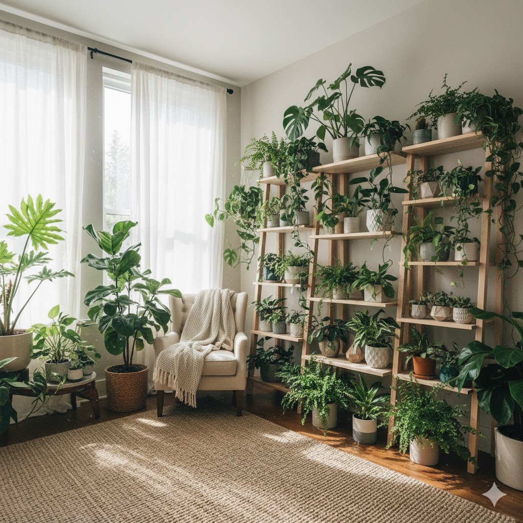 Minimalist living room featuring beige and soft grey tones, wooden coffee table, and natural sunlight through sheer curtains — Scandinavian home interior design.