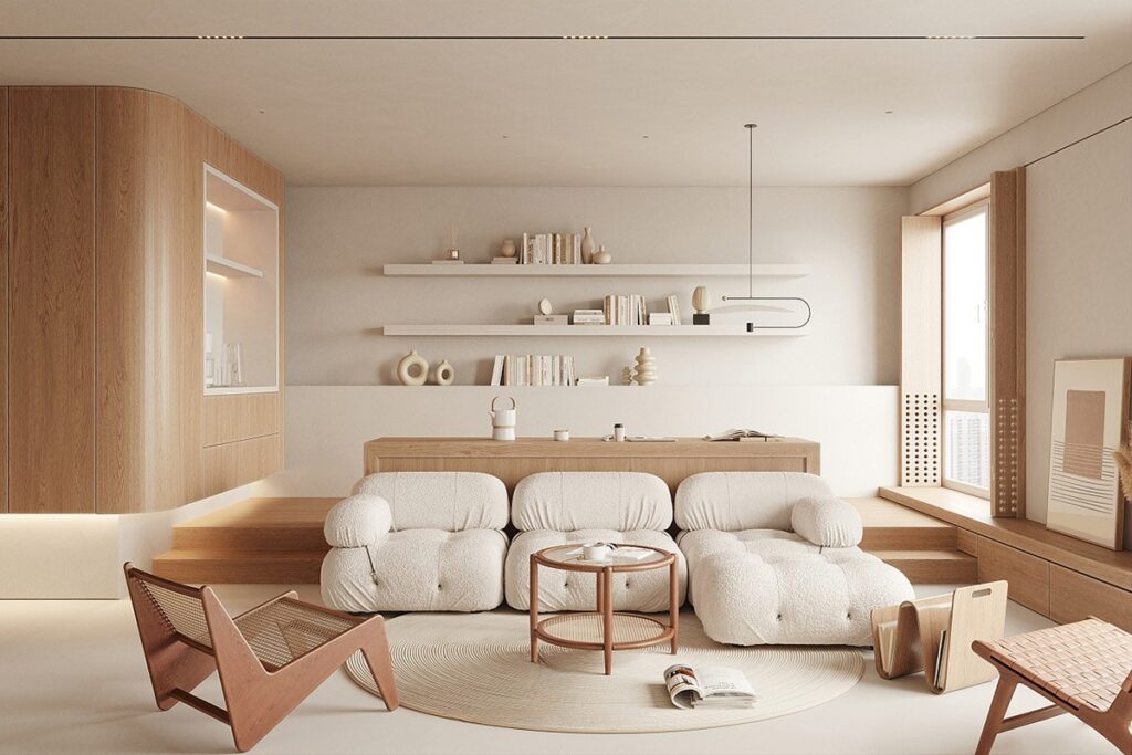 Modern living room interior with warm neutral colors, curved furniture and minimalist 2025 design style.”