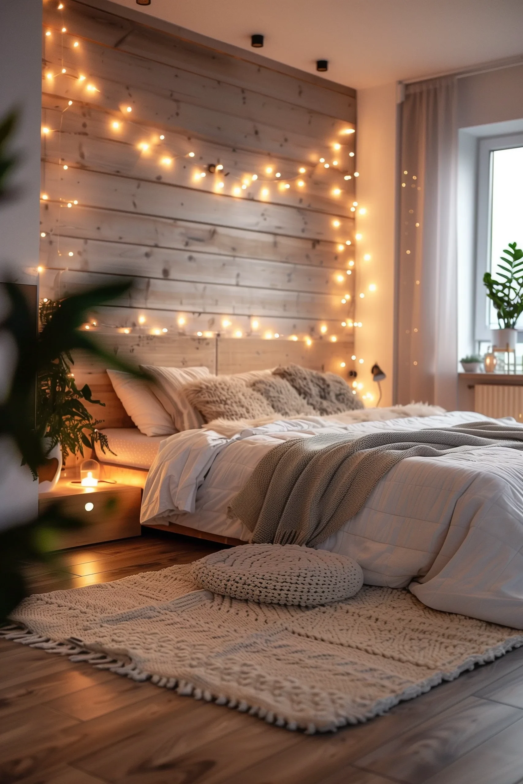 Cozy bedroom decorated with warm lighting, layered bedding, and neutral color palette for a calming atmosphere.”